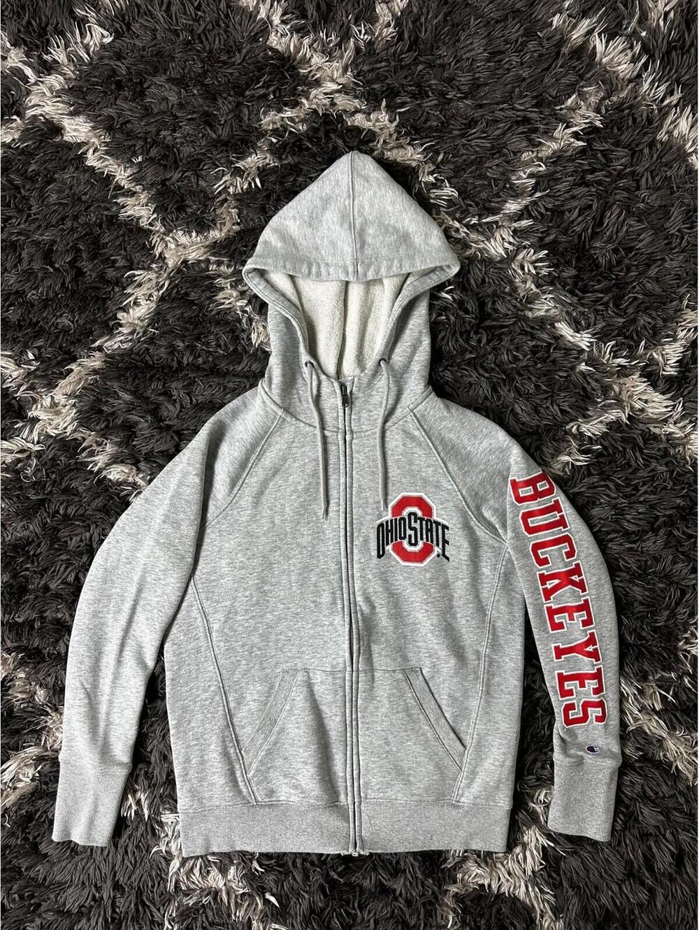 Champion Ohio State Buckeyes Full Zip Hoodie Sweatshirt Grey Sleeve Logo M